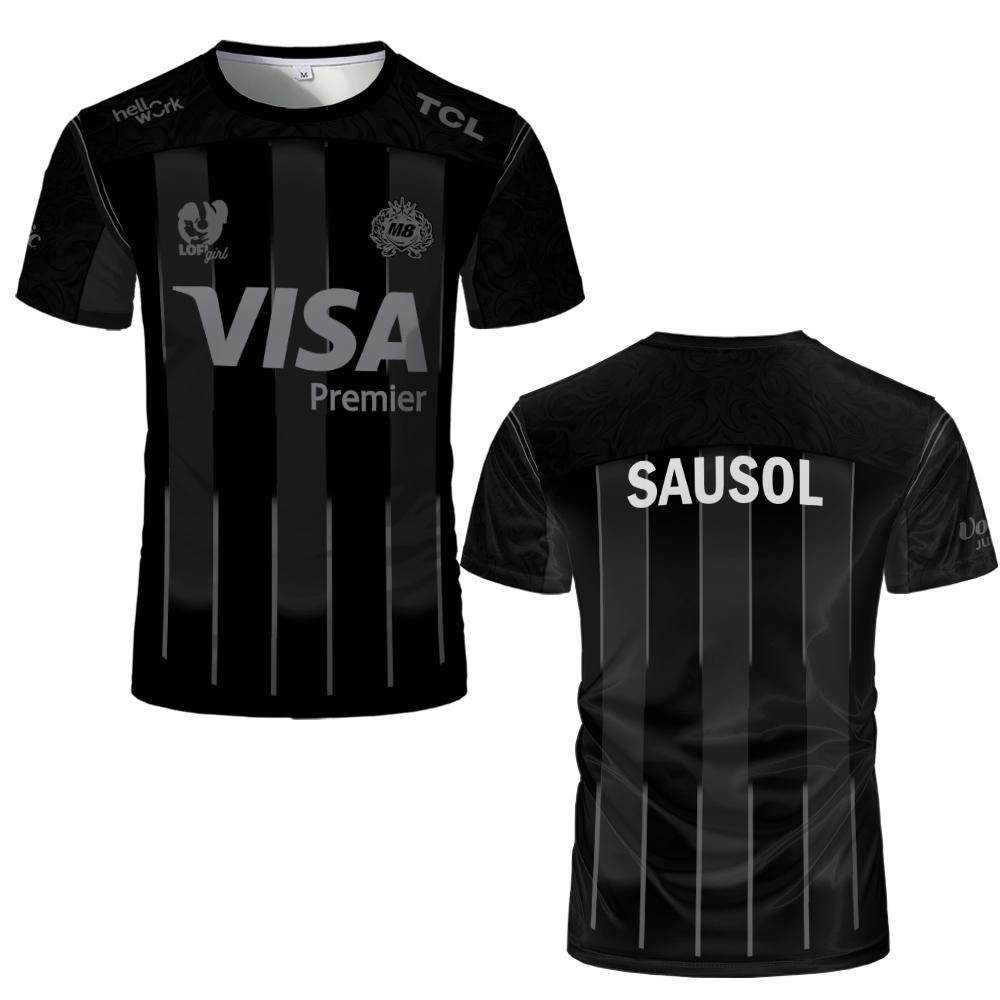 Esports Gaming Logos - เสื้อยืดแขนสั้นธีมทีมอีสปอร์ตพร้อมโลโก้สปอนเซอร์ด้านหน้าและ SAUSOL ด้านหลังสำหรับแฟนเกม