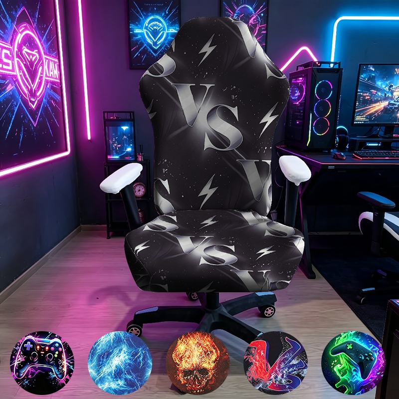 Esports Gaming Room - ปลอกหุ้มเก้าอี้เกมมิ่งยืดหยุ่นทำจากผ้าอีลาสเทน ลายพิมพ์โครงกระดูกและจอยเกมสีนีออน สำหรับห้องเล่นเกมและโฮมออฟฟิศ